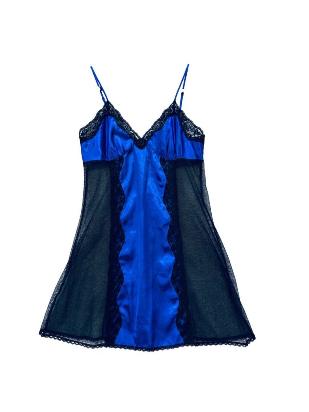 Frederick's of Hollywood Blue Satin Chemise Black Sheer Sides Size L Whimsygoth